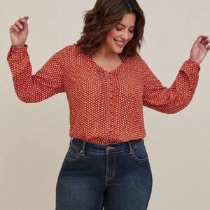 Torrid Georgette Pintuck Button Front Blouse Size 2X Orange Polka dot